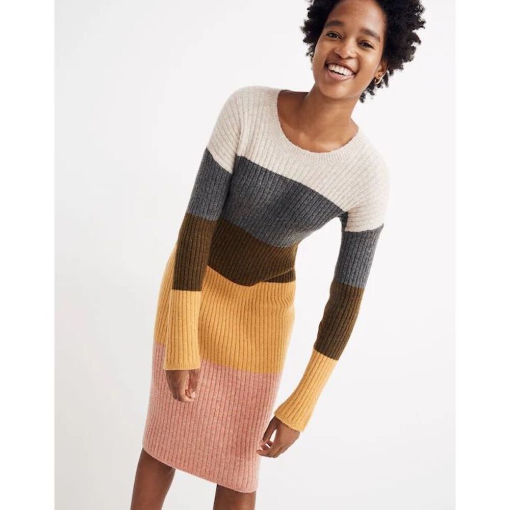 MADEWELL Women’s Heathered Vanilla Colorblock Coziest Yarn Midi Sweater Dress XX